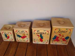   ROBERTS RUSTIC WOOD DOVETAIL PAINTED ROOSTER SET 4 CANISTERS W LIDS