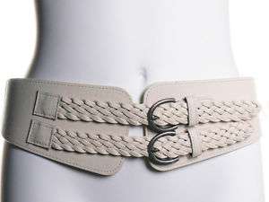 Vintage Woven Braided Cream Leather Elastic Wide Belt  