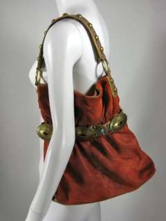 KATHY VAN ZEELAND Brick Red Suede Studded Shoulder Handbag  
