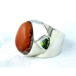  Fire Opal and Peridot Sterling Silver Ring (8): Jewelry