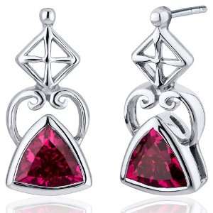 Ornate Class 2.00 Carats Ruby Trillion Cut Earrings in Sterling Silver 