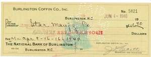 Burlington Coffin Company Cancelled Check, 1940  