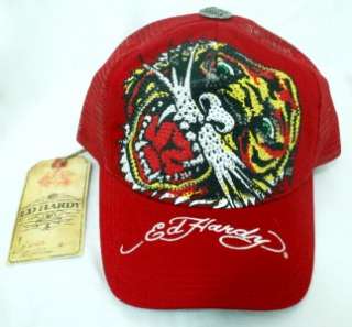 NWT $60 Ed Hardy Tiger Stones Red Unisex Platunum Cap Trucker Hat 