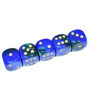  Set of five 16mm dice in Organza Pouch   Gemini Blue Green 