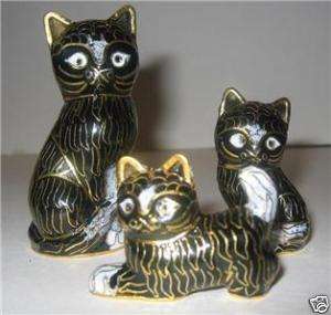 Rare Cloisonne Black Cat Kittens Family 3 Figurine Set  