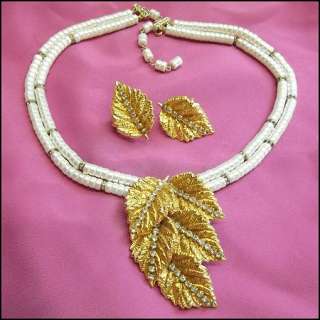 Alice Caviness Vintage Pearls Gold Leaves Necklace Set  