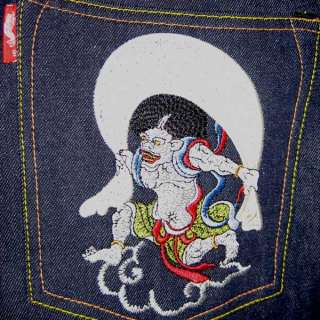 Japan RAIJIN FUJIN Embroidered SOUL OF KOI Jeans 34x36  