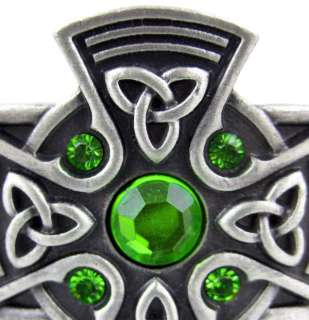 Pewter Celtic Cross Shield Cuff Bracelet Green Stones  