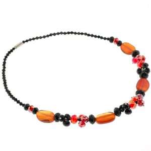 Curved Oval and Faceted Rondell Glass Beads Necklace   Black and Amber 