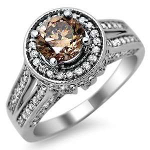  1.35ct Brown Round Diamond Engagement Ring 14k White Gold 