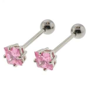 Tongue Barbell with Pink, Square Shaped CZ, 4 Prong Set, 8mm Gem   14G 