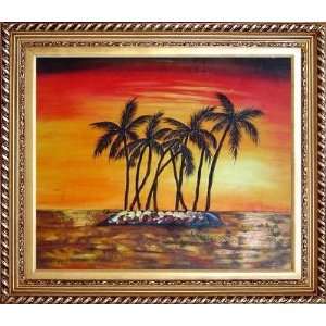 Beachside Palm Trees Under Golden Sunset Oil Painting, with Exquisite 