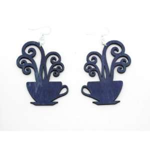  Evening Blue Cup of Coffee Wooden Earrings GTJ Jewelry