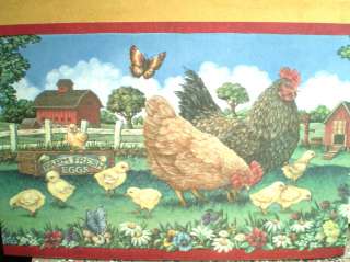 Wide Country Farm Scene Border with Chickens and Red Accents 