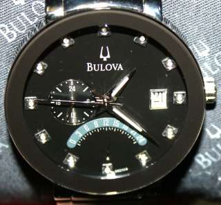 Bulova Mens Dual Time Diamond Accent Dress Watch Black & Silver Tone 