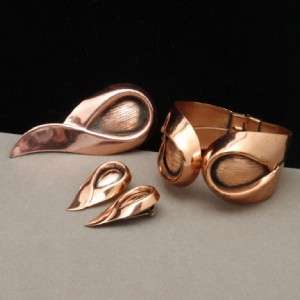 Sari Set Copper Bracelet Pin & Earrings Vintage Renoir Parure  