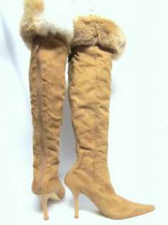 MODA FUSION Tan Faux Suede Over The Knee Fur Boots 5.5  