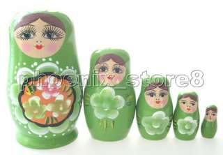 WOOD Hand painted RUSSIAN NESTING DOLL 5 PCS FAMILY green #07  