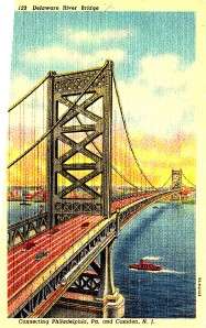 Delaware River Bridge Connecting PA & NJ Linen Vintage Postcard  