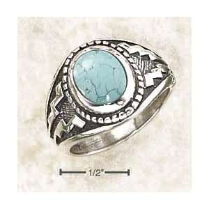 Sterling Silver Oval Created Turquoise With Wide Aztec Design Ring 