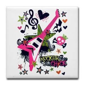  Tile Coaster (Set 4) Rocker Chick   Pink Guitar Heart and 