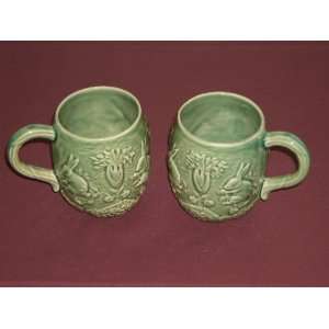  Bordallo Pinheira Pottery Rabbit Green Cup Mug Set   Made 