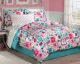 NEW Teen Girls Peace Signs Teal TWIN or FULL Bedding Comforter Sheet 