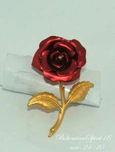 Vintage RED ROSE Metal & Gold tone Flower Brooch/Pin  