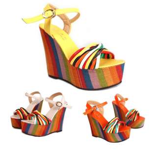 Women Girl Bohemian Rainbow Thong Sandals Shoes Platform High Heels 