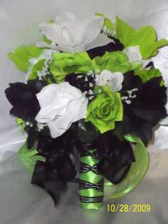   Bridal Bouquet Lime Green Black White Lily Silk Flowers 21pc  