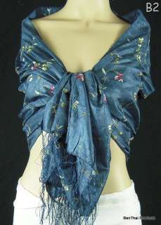 Floral Embroidered Silk Scarf Shawl Wrap Thai Vintage Style Royal Blue 