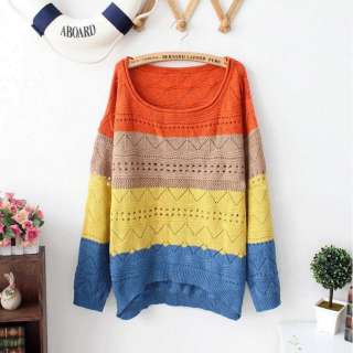 FANCYQUBE CASUAL MULTICOLOR STRIPES PATCHWORK JUMPER PULLOVER ZZ00174 