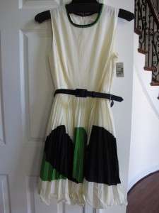 NWT Milly Justene Belted Pleated Dress Ivory Kelly Green 8  