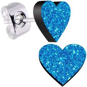  Island Blue Glitter Heart Stud Earrings: Jewelry