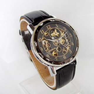 New Mens Skeleton Gold Black Automatic Mechanical Watch  