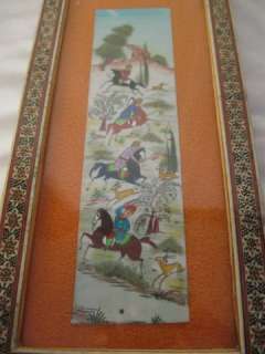 Vintage Persian Miniature Hunting Painting Khatam Inlaid Frame  