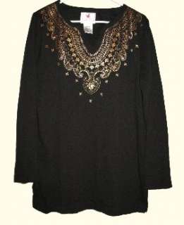NWOT By Quacker Factory, black gold and jewel embellished long tunic 