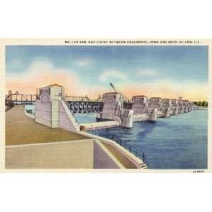 1940s Vintage Postcard   Roller Dam and Locks   Rock Island Illinois