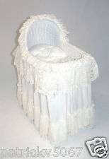 WHITE WICKER BABY BASSINET SET   BASSINETTE, STAND, BEDDING & LACE 
