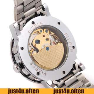 Golden Skeleton Mens Silver Steel White Auto Mechanical Wrist Watch 