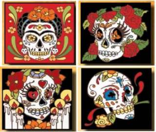 FOUR Day Dead MAGNETS Dias Muertos Tile 2x2 Skulls  