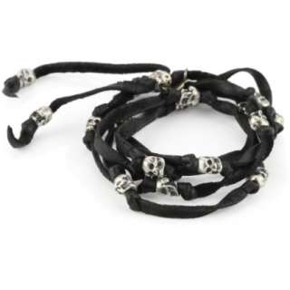 Cohen Black Leather Wrap Bracelet With Sterling Silver Skulls 