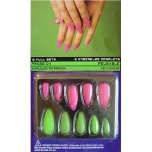 Fingernails Long Neon Pink and Green Press on Fake False Finger Nails 