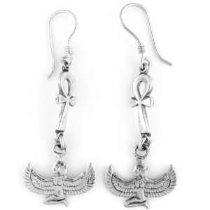    Egyptian Jewelry Silver Winged Isis & Ankh Earrings Jewelry