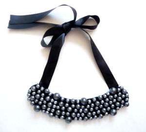 Gray Pearl Jeweled Bow Tie Bib Material Felt Necklace  