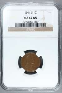 1911 S Lincoln Wheat Cent Penny Coin MS62 BN NGC #102  