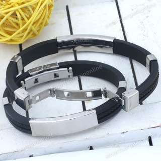 Mens Silver Stainless Steel Black Rubber Bracelet 8L Cuff Wristband 