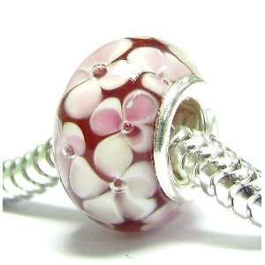  Sterling Silver Round Murano Pink RED Glass FLOWER Bead 