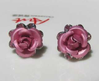 pinK rose flower gold GP stud earrings swarovski crystal cut wedding 