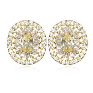  Oval Yellow CZ With Baggetts Trim Earring In Gold Plating 
